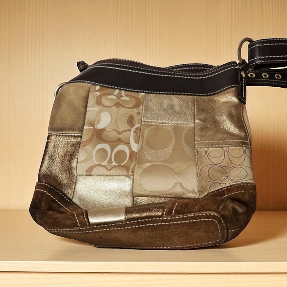 Ltd. Edition Vintage Coach Patchwork Bag Signature Leather & Fabric Tan/Gold - Picture 3 of 8